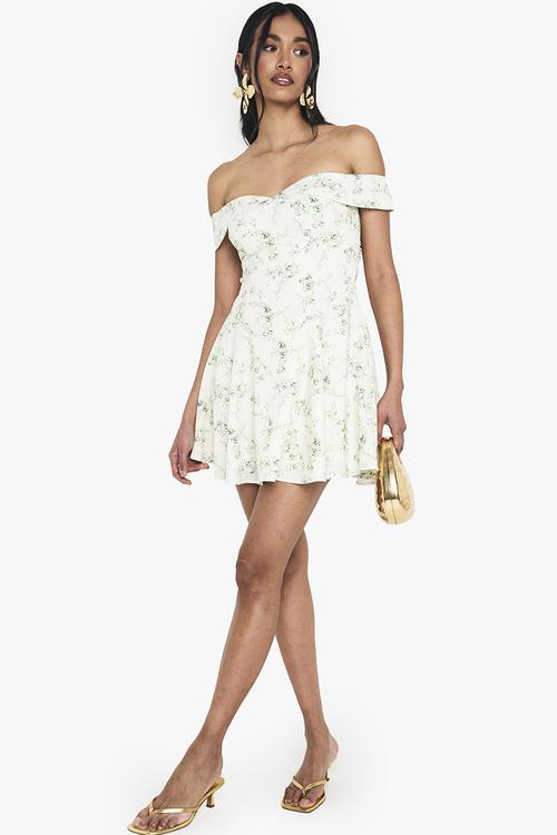 Floral print bardot skater mini dress - green