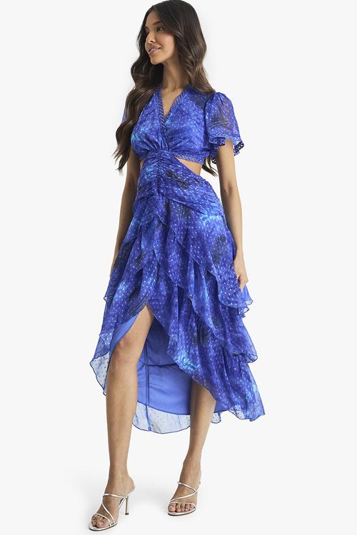 Floral dobby ruffle detail midaxi dress - blue