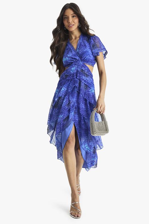 Floral dobby ruffle detail midaxi dress - blue