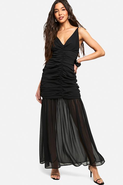 Chiffon ruched plunge maxi dress - black