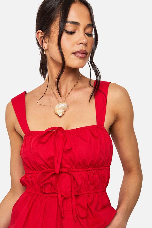 Cotton tie front square neck cami - red