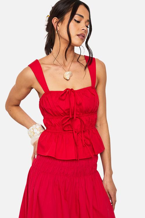 Cotton tie front square neck cami - red