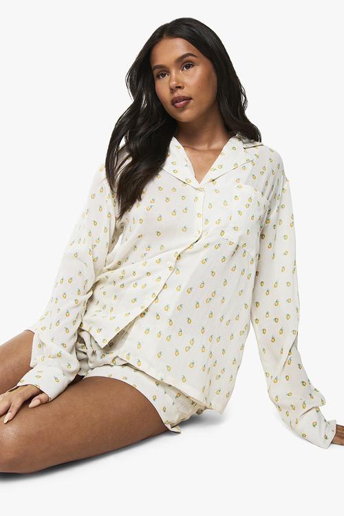 Lemon print cheesecloth long sleeve shirt & shorts pyjama s - lemon