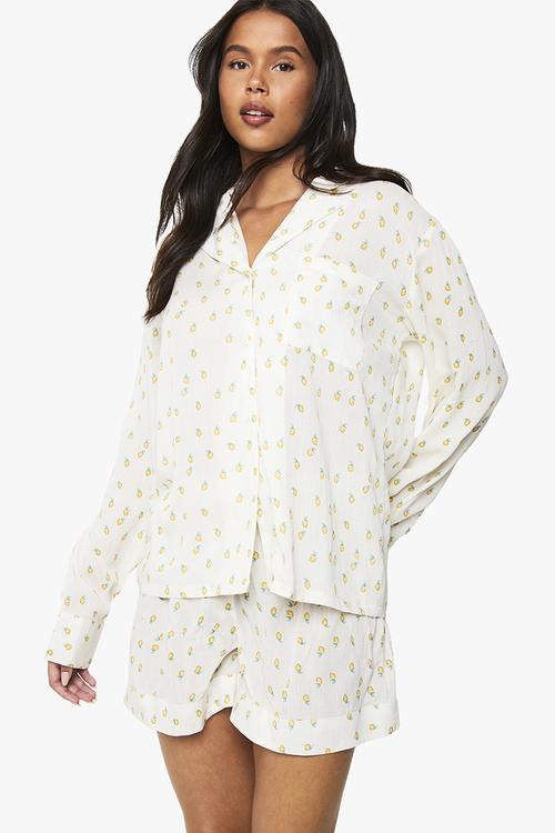 Lemon print cheesecloth long sleeve shirt & shorts pyjama s - lemon