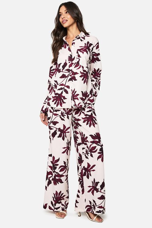 Basic woven large floral drawstring wide leg trousers - purple
