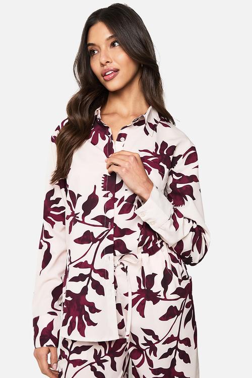 Basic woven large floral long sleeve shirt - purple
