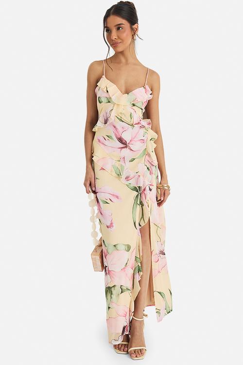 Floral crinkle chiffon ruffle maxi dress - yellow