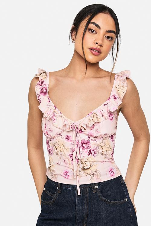 Woven ruffle shoulder top - soft pink