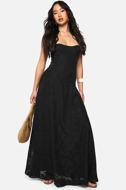 Textured strappy cowl maxi dress - black