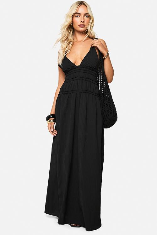 Plunge strappy shirred waist maxi dress - black