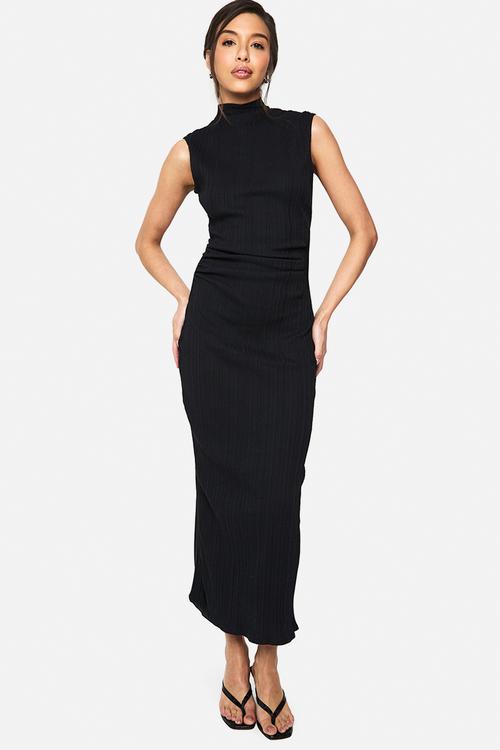 Wide rib high neck colloum maxi dress - black