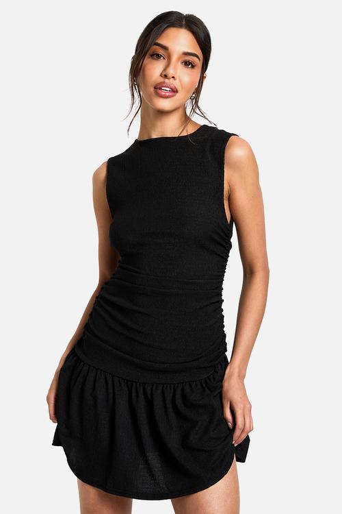 Textured slash neck drop waist mini dress - black