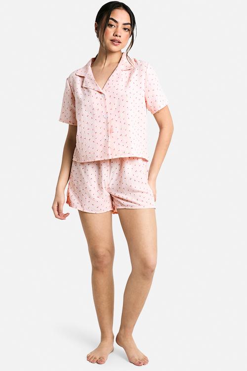Cherry print shirt & short pyjama set - pink