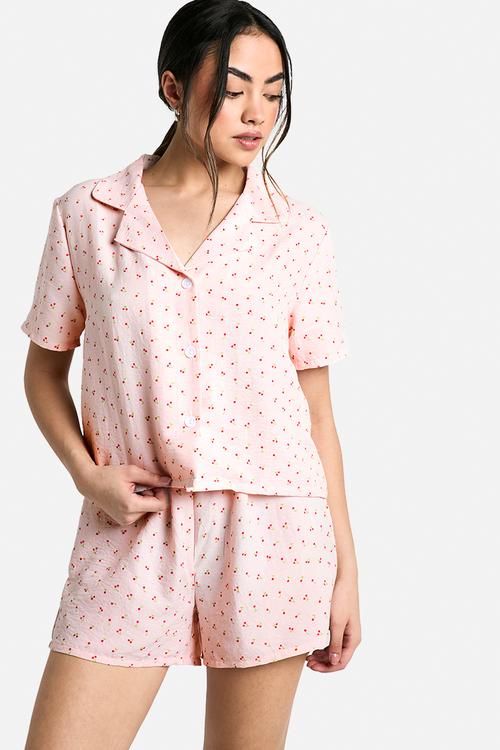 Cherry print shirt & short pyjama set - pink