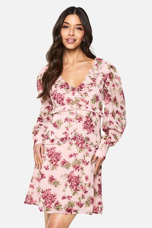 Floral chiffon ruffle mini dress - pink