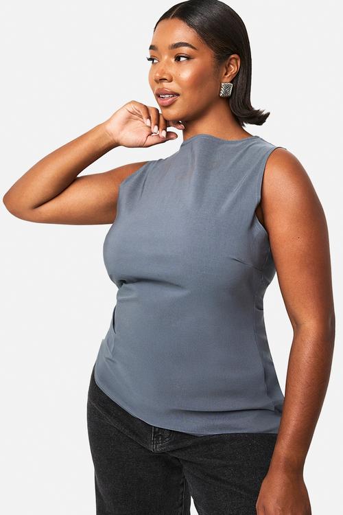 Plus Bengaline Ruched Asymmetric Hem Top - Slate