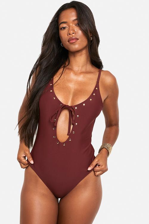 Cut out studded swimsuit - chocolate