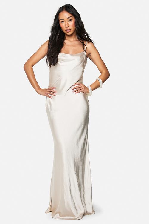 Satin cowl neck maxi dress - stone