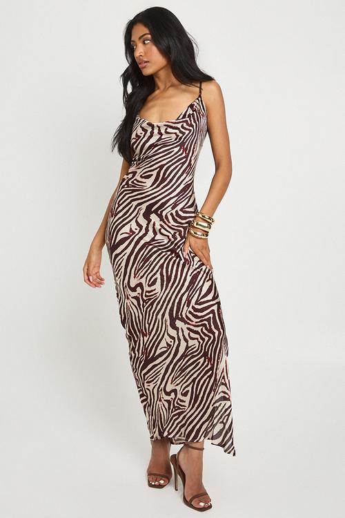Zebra strappy cowl neck maxi dress - brown