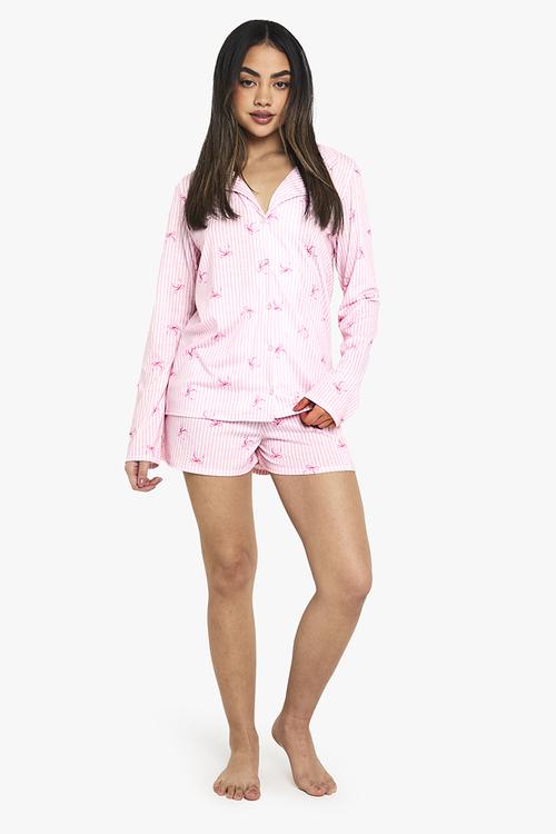 Mixed bow & stripe print long sleeve shirt & shorts pyjama - pink