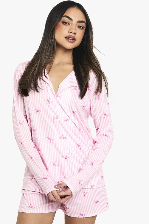 Mixed bow & stripe print long sleeve shirt & shorts pyjama - pink
