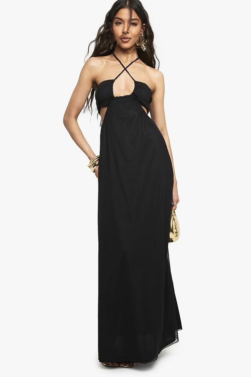 Slinky cut out halter maxi dress - black