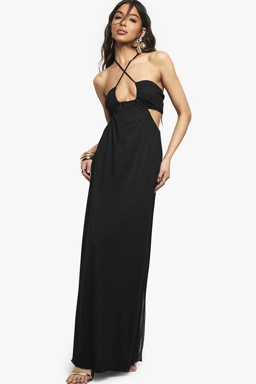 Slinky cut out halter maxi dress - black