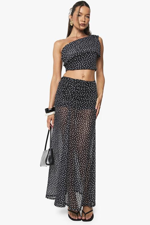 Polka dot mesh ruched maxi skirt - black