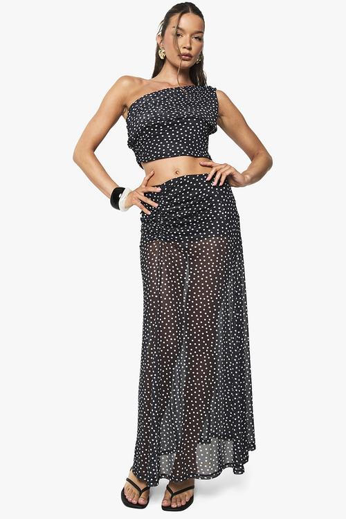 Polka dot mesh ruched maxi skirt - black