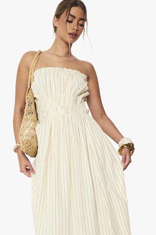 Linen look stripe shirred maxi dress - stone