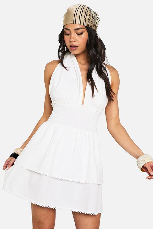 Cotton ruffle halterneck mini dress - white