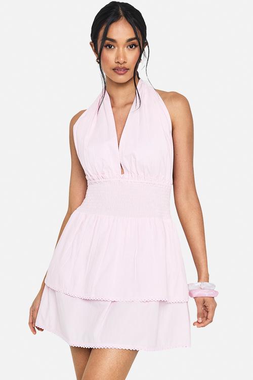 Cotton ruffle halterneck mini dress - pink