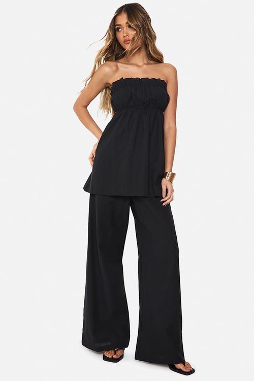 Linen look longline bandeau and wide leg trouser co-ord - black