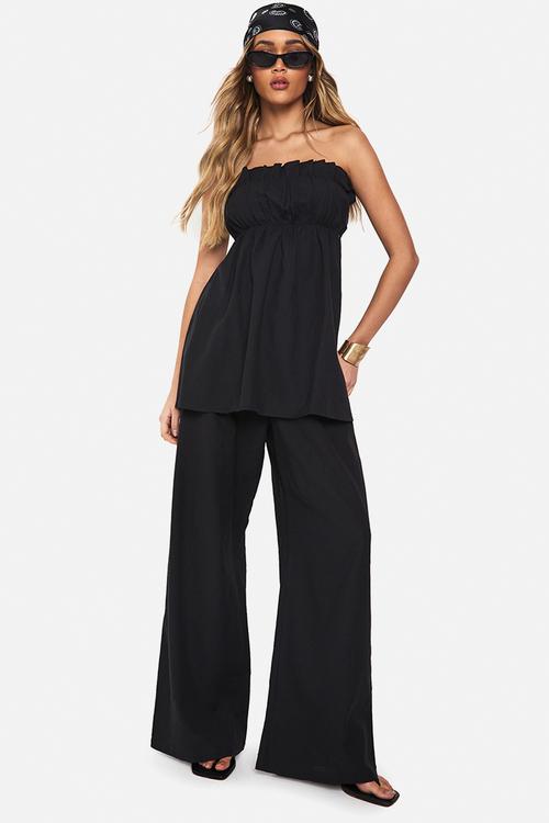 Linen look longline bandeau and wide leg trouser co-ord - black