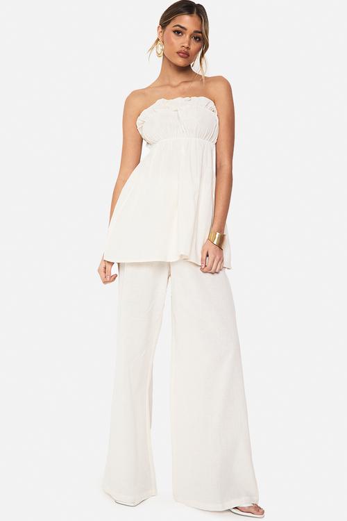 Linen look longline bandeau and wide leg trouser co-ord - white