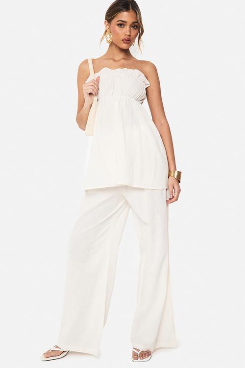 Linen look longline bandeau and wide leg trouser co-ord - white