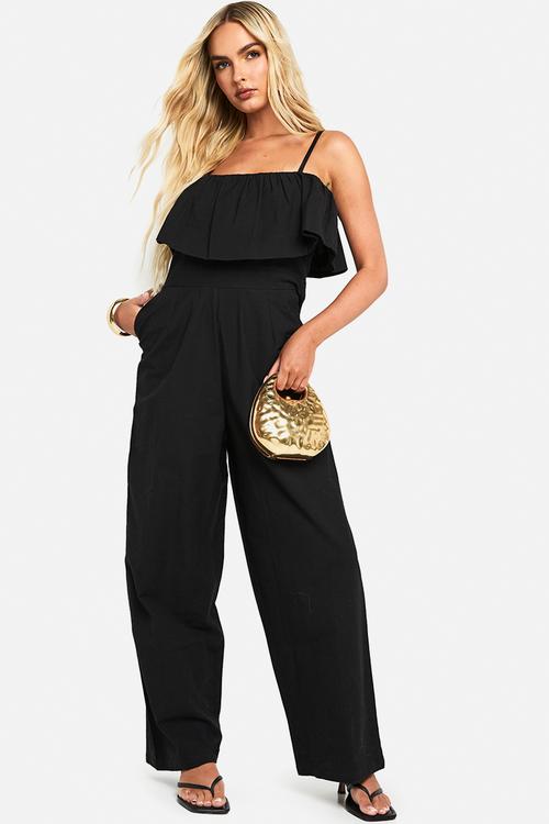 Cotton blend frill jumpsuit - black