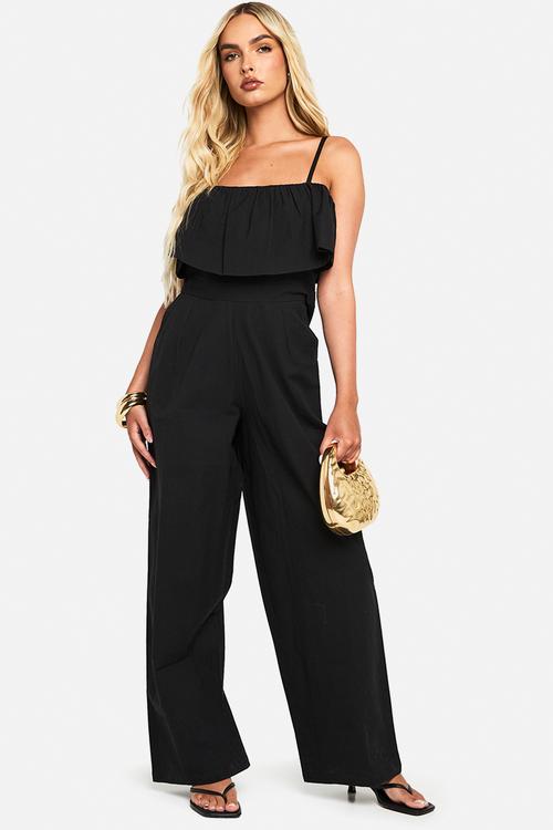 Cotton blend frill jumpsuit - black