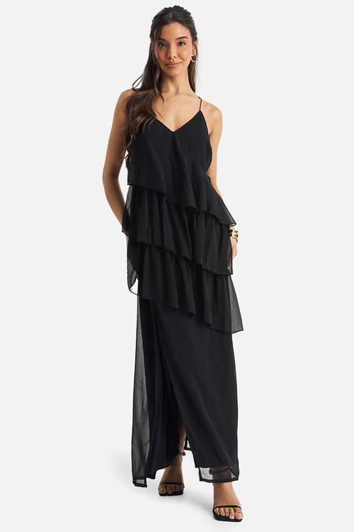 Chiffon ruffle cross back maxi dress - black