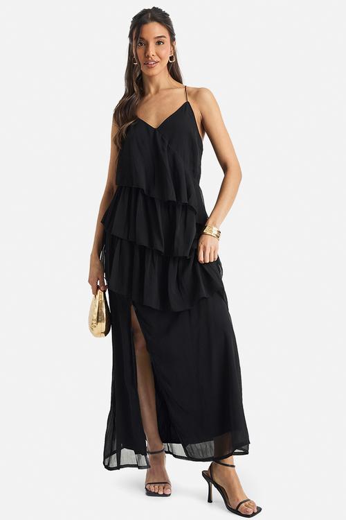 Chiffon ruffle cross back maxi dress - black