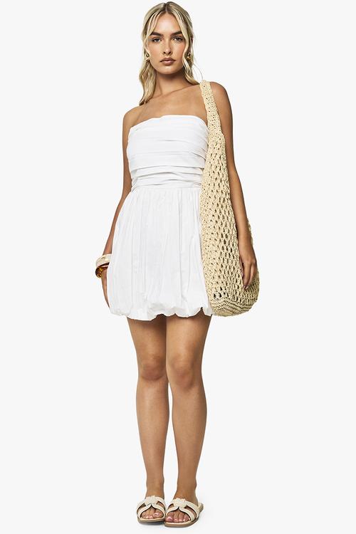 Cotton Poplin Bandeau Puffball Mini Dress - white