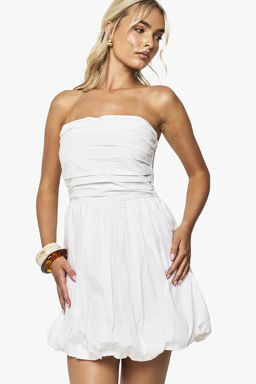 Cotton Poplin Bandeau Puffball Mini Dress - white