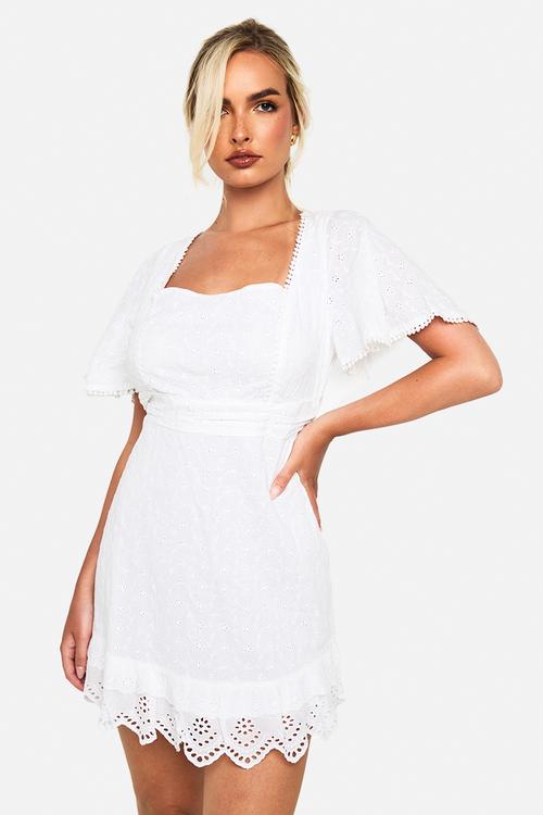 Cotton crochet square neck mini dress -  white