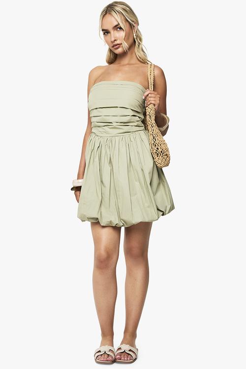 Cotton Poplin Bandeau Puffball Mini Dress - sage