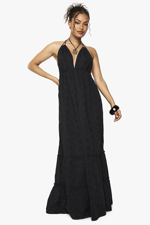 Broderie anglaise halter neck maxi dress - black