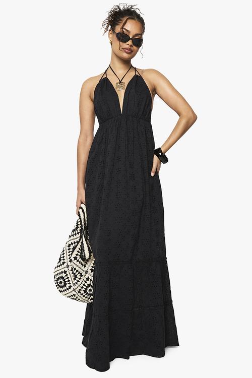 Broderie anglaise halter neck maxi dress - black