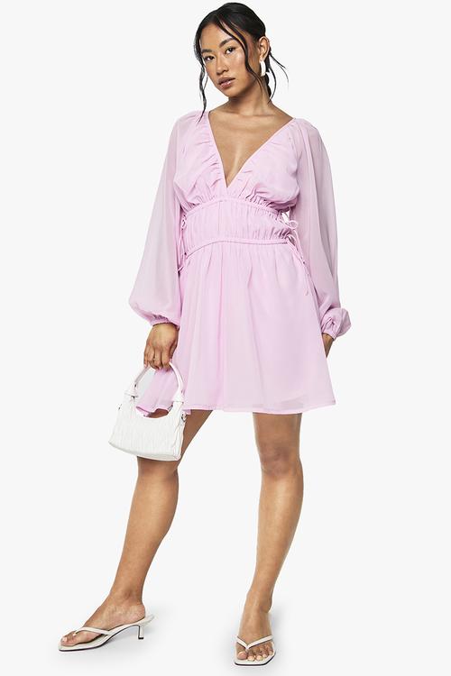 Chiffon tie waist balloon sleeve mini dress - pink
