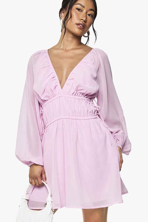 Chiffon tie waist balloon sleeve mini dress - pink