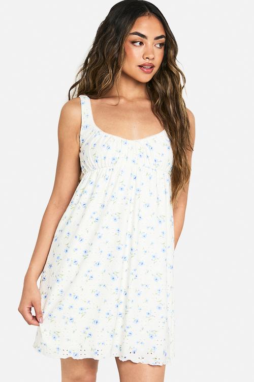 Ditsy floral broderie square neck smock dress - white