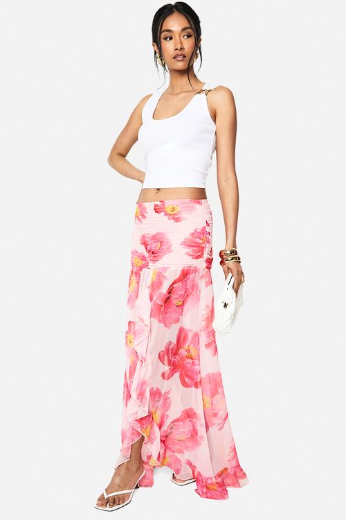 Floral chiffon ruffle split leg maxi skirt - pink